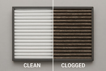 furnace filter air technician. A comparative image showing a clean air filter on one side and a clogged air filter on the other, illustrating the importance of regular maintenance.
