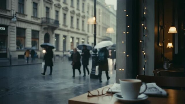 Cozy cafe window view of rainy city street with people.