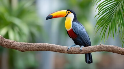 Obraz premium A colorful toucan perches on a branch, surrounded by lush greenery, showcasing its vibrant beak and distinctive plumage.