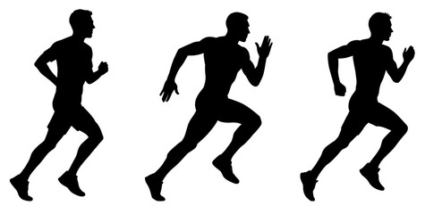 Running man silhouettes. Vector set. Male runners figure shapes. Bare and naked slim healthy people work out