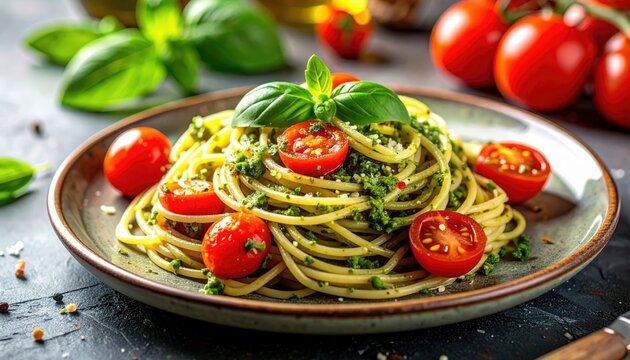 A close-up shot of spaghetti pasta coated in vibrant green pesto sauce, garnished with halved cherry tomatoes and fresh basil leaves.