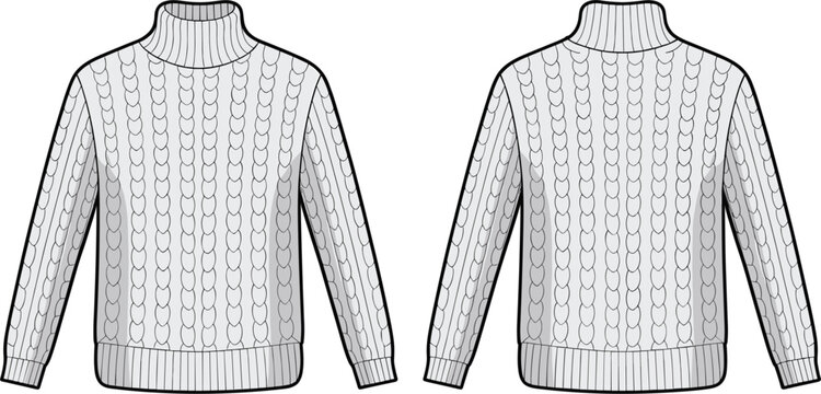 Vector Technical Drawing of Turtle Neck Cable Knit Sweater, Fisherman Jumper, and Winter Knitwear Flat Sketch