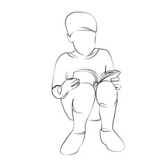 One continuous line drawing on white isolated background. Minimalism linear illustration. children, book, reading, boy, education, learning, school, cognition, indoor, childhood