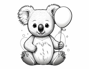 Fototapeta premium Cute koala holding a balloon coloring book page in black and white