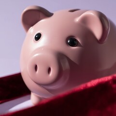 Blush pink round piggy bank, lavender studio, burgundy velvet ribbon. Pastel Christmas blush pink with Cherry Lacquer burgundy accents.