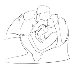 One continuous line drawing on white isolated background. Minimalism linear illustration. mother, children, father, baby, person, newborn, infant, family, love, care