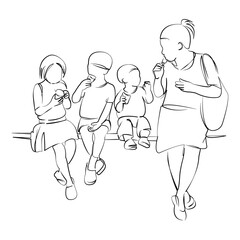 One continuous line drawing on white isolated background. Minimalism linear illustration. children, mother, ice cream, person, family, fun, woman, eating, daughter, happy
