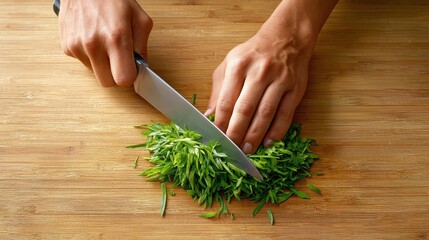 A person is chopping fresh herbs on a wooden cutting board, showcasing culinary skill and vibrant green ingredients.