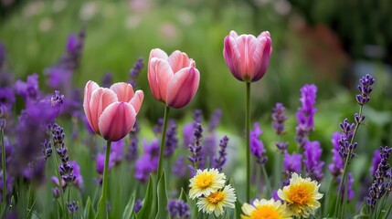 A colorful garden lawn filled with vibrant flowers like lavender, tulips, and daisies, contrasting beautifully against the green grass.