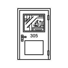 Door to a science lab with room number 305 and a view of a microscope and flasks, isolated line art icon.