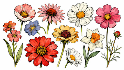 A collection of various flowers, with cartoon hand-drawn vector illustrations
