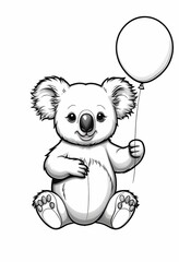 Cute koala holding a balloon coloring book page in black and white