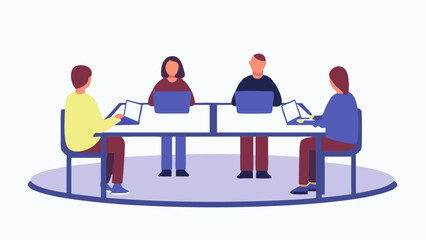 Four diverse individuals collaborate and work together on laptops around a modern table representing teamwork and modern office environments