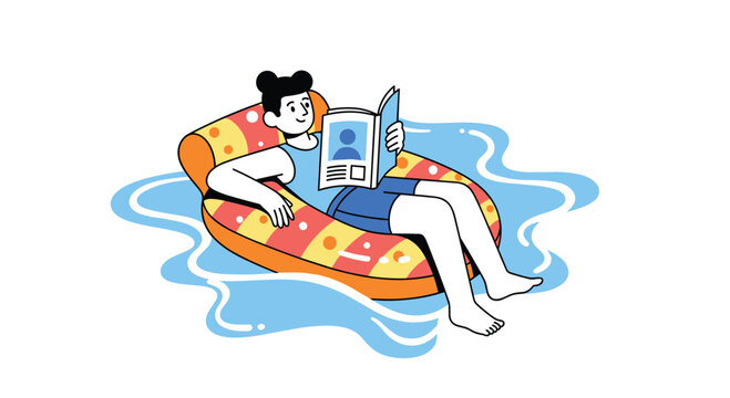 Relaxed person enjoying a summer day reading a book while floating on a colorful inflatable ring in cool blue water