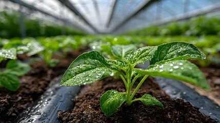 Young green seedlings grow in neat rows in a greenhouse, with glistening water droplets on their leaves from a modern drip irrigation system.