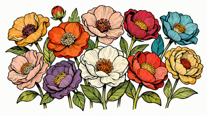 A collection of various flowers, with cartoon hand-drawn vector illustrations