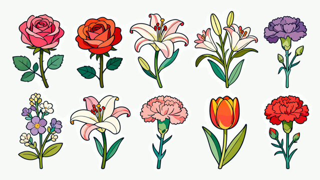 A collection of various flowers, with cartoon hand-drawn vector illustrations