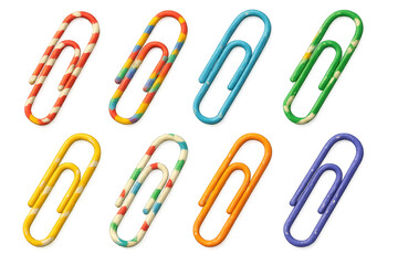 Colorful paper clips collection with various striped patterns for office supplies and school stationery on transparent background