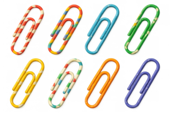 Colorful paper clips collection with various striped patterns for office supplies and school stationery on transparent background