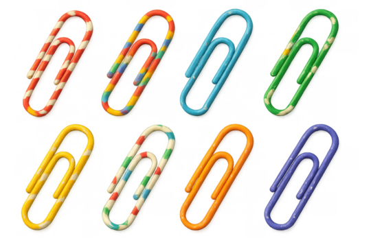 Colorful paper clips collection with various striped patterns for office supplies and school stationery on transparent background - Powered by Adobe