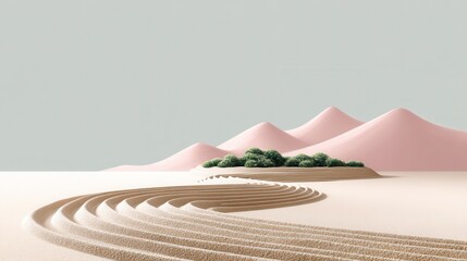 A serene landscape featuring gentle sand dunes and curved patterns in the sand, complemented by greenery against a soft, muted background.