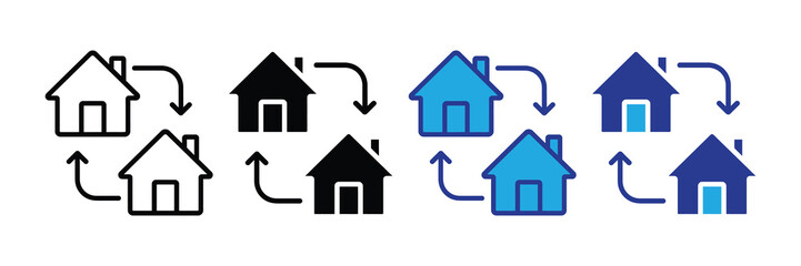 Collection of home icons with circular arrows showing exchange, transfer, and movement between two houses in various styles