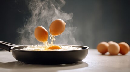 A dynamic image of eggs cracking and frying in a pan, creating steam and an appetizing visual appeal.