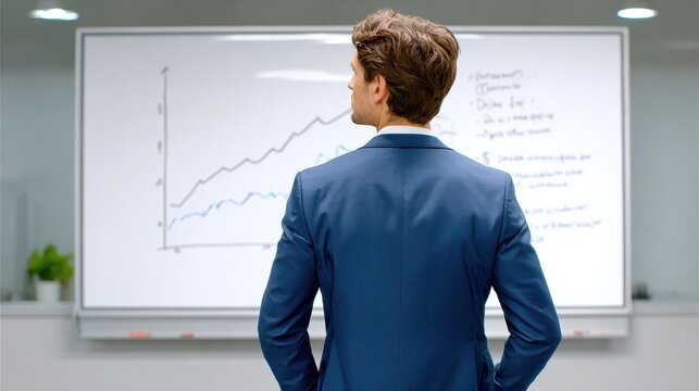 A businessman in a suit analyzes a whiteboard with graphs, reflecting on data trends and business insights.
