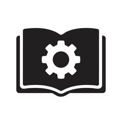 Obraz premium an open book icon with a gear symbol inside representing knowledge learning and technical solutions