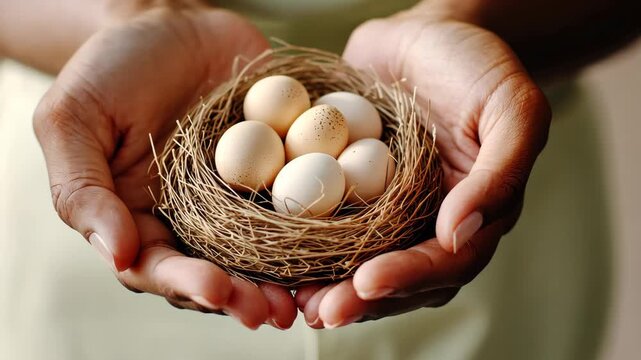 Gentle hands cradling delicate nest with eggs, emphasizing care and nurture in a serene moment