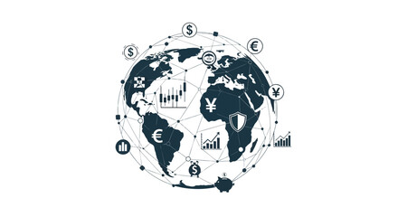 Global financial markets and currency symbols encircling a stylized representation of planet earth
