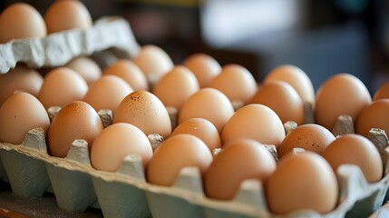 Close up view of fresh brown eggs neatly packed in a cardboard carton