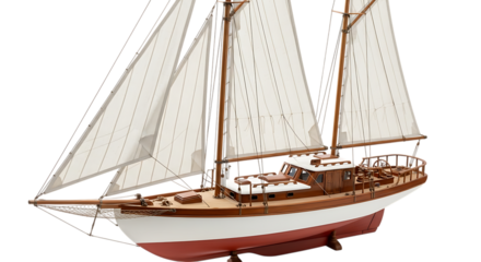 Detailed wooden model of a classic sailing yacht with white sails and red hull isolated on a transparent background