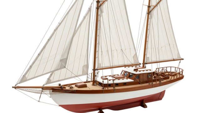 Detailed wooden model of a classic sailing yacht with white sails and red hull isolated on a transparent background
