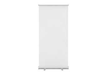 Empty white roll up banner stand with silver metal base and top bar isolated on a transparent background