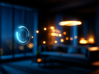 Modern living space with home automation features glowing evening light, creating cozy