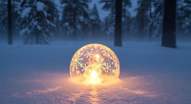 Glowing snow globe with snowflake designs in a snowy forest landscape during the winter season outdoors