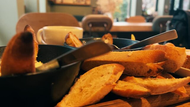 Fine dining French restaurant starters with grilled bread and appetizers
