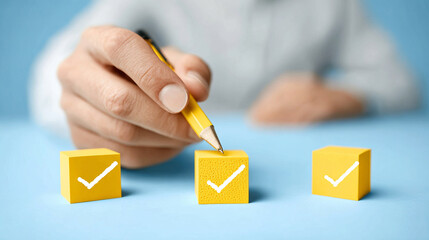 Hand holding pencil marks yellow block with check symbol, symbolizing task completion
