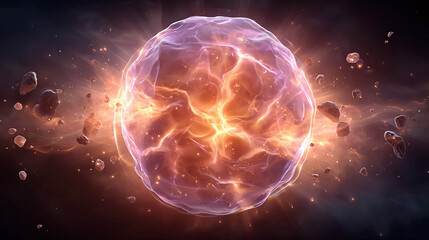 Obraz premium An abstract glowing sphere in space. It emits an orange-violet glow and is surrounded by small particles and debris, creating the effect of an explosion or the birth of a new star.