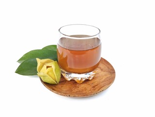 Soursop leaf boiled water (annona muricata) in glass with fresh leaf. Healthy drink lifestyle 