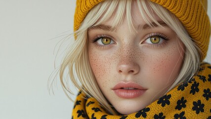 Blonde young woman in yellow knit hat and floral scarf with green eyes and freckles, soft background.