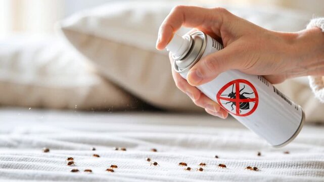 close-up of a person using an aerosol can to spray bed bugs crawling on fabric surface, showing real-time pest control action