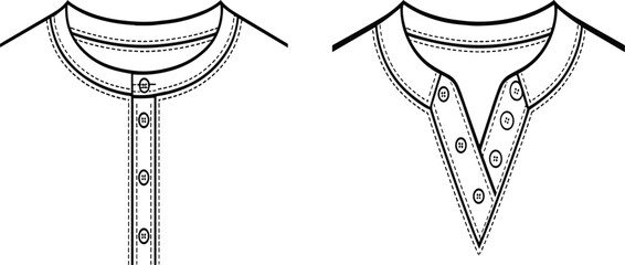 Henley and V-neck placket technical fashion vector sketch, buttoned collar and neck closure drawing template, apparel design illustration, detailed mockup