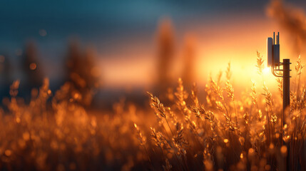 Golden grass sways gently in sunset, highlighting IoT technology for environmental tracking