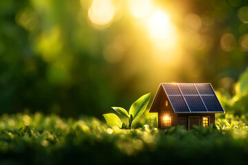 Solar powered smart home surrounded by greenery, showcasing innovative energy solutions