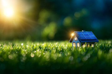 Solar powered smart home surrounded by lush grass, showcasing innovative energy solutions