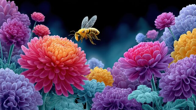 A vibrant scene featuring a bee hovering over colorful chrysanthemums in full bloom against a dark background.
