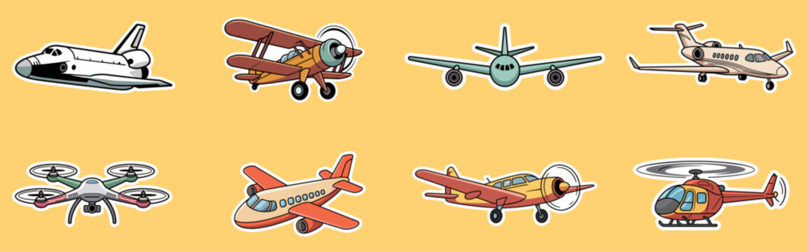 aircraft sticker collection with airplane, helicopter, drone and space shuttle, vector illustration set for aviation and travel