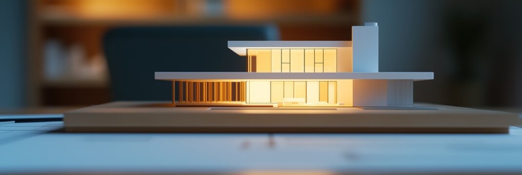 Modern Minimalist Architectural Model Illuminated in Warm Lighting on Design Desk - Powered by Adobe